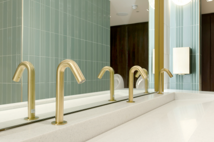 Solid Surface Vanity Troughs with brushed gold accessories
